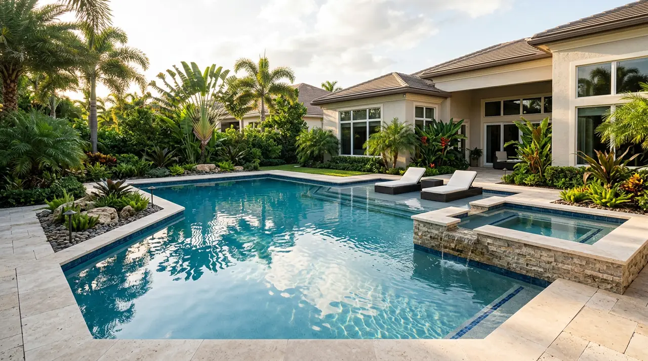 Illustrative custom geometric pool and raised spa design concept