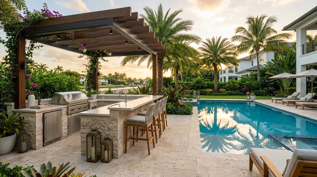 Illustrative poolside outdoor kitchen and pergola design concept