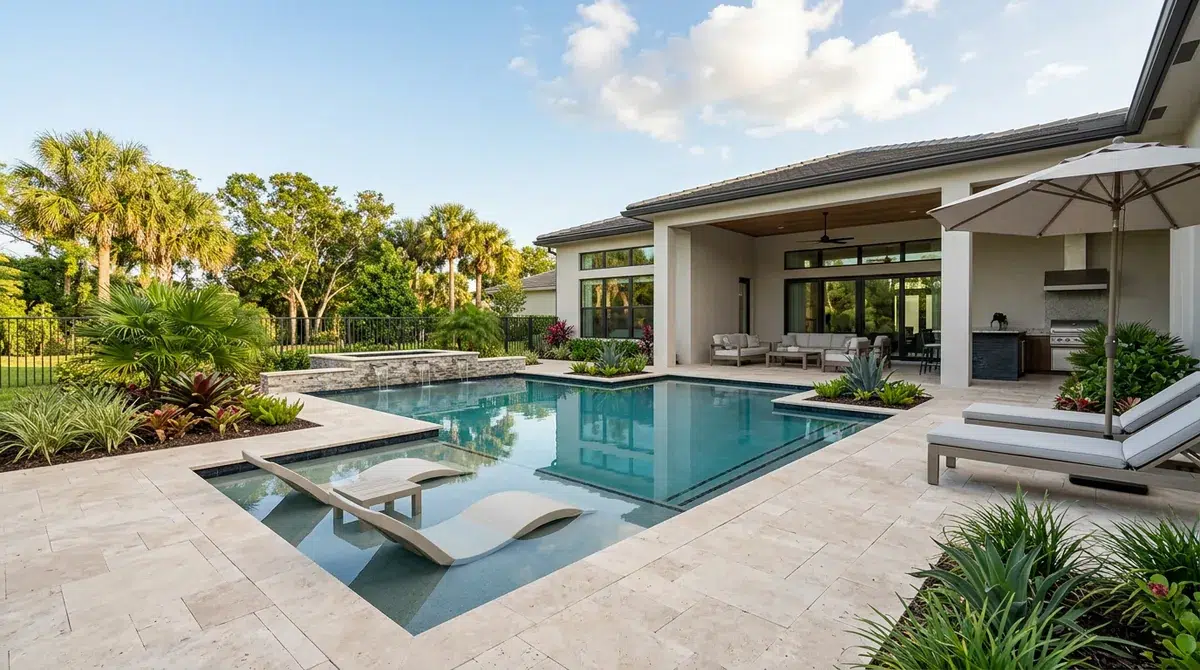 Illustrative modern geometric swimming pool with tanning ledge and raised spa
