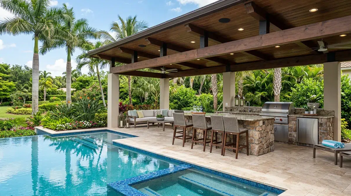 Illustrative poolside outdoor kitchen with bar seating beneath a pergola
