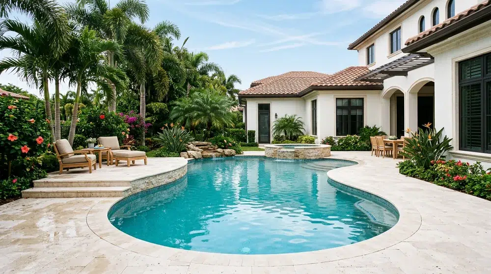 Illustrative design concept of a custom swimming pool with raised spa and tanning ledge