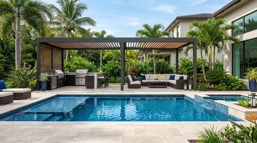 Illustrative design concept of a poolside outdoor living area with fire feature