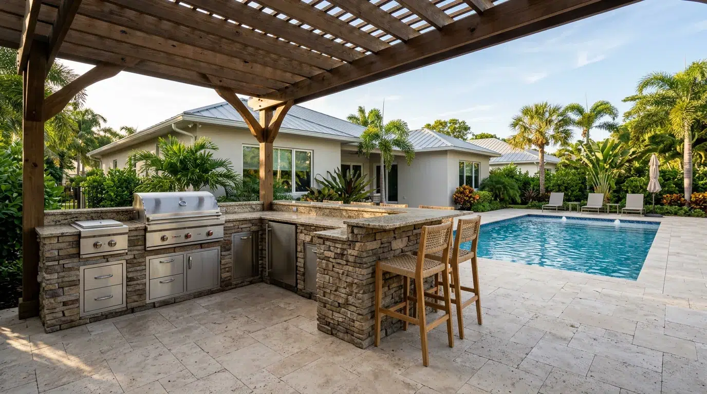 Illustrative design concept of a poolside outdoor kitchen beneath a pergola
