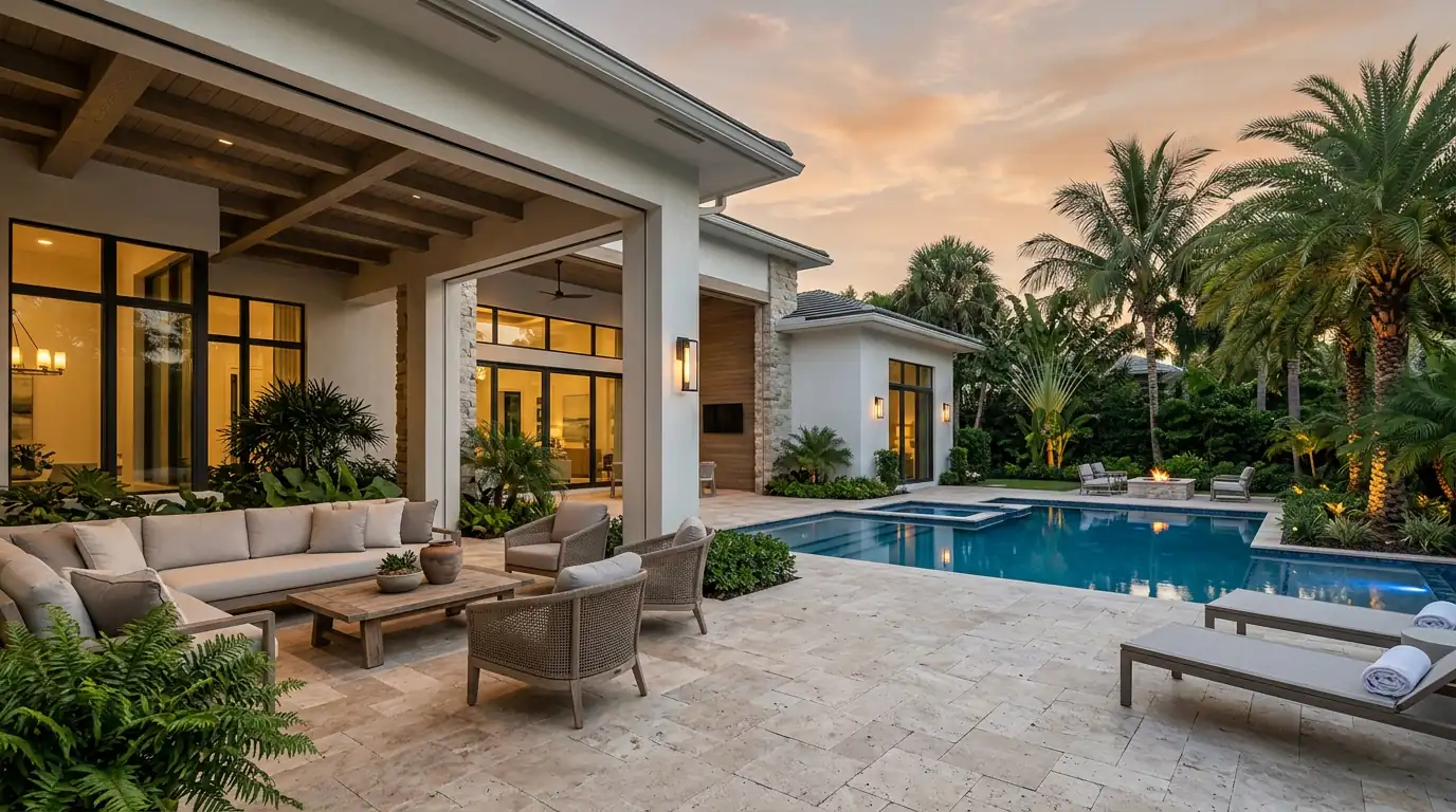 Illustrative backyard design concept with pool, pergola, and outdoor kitchen