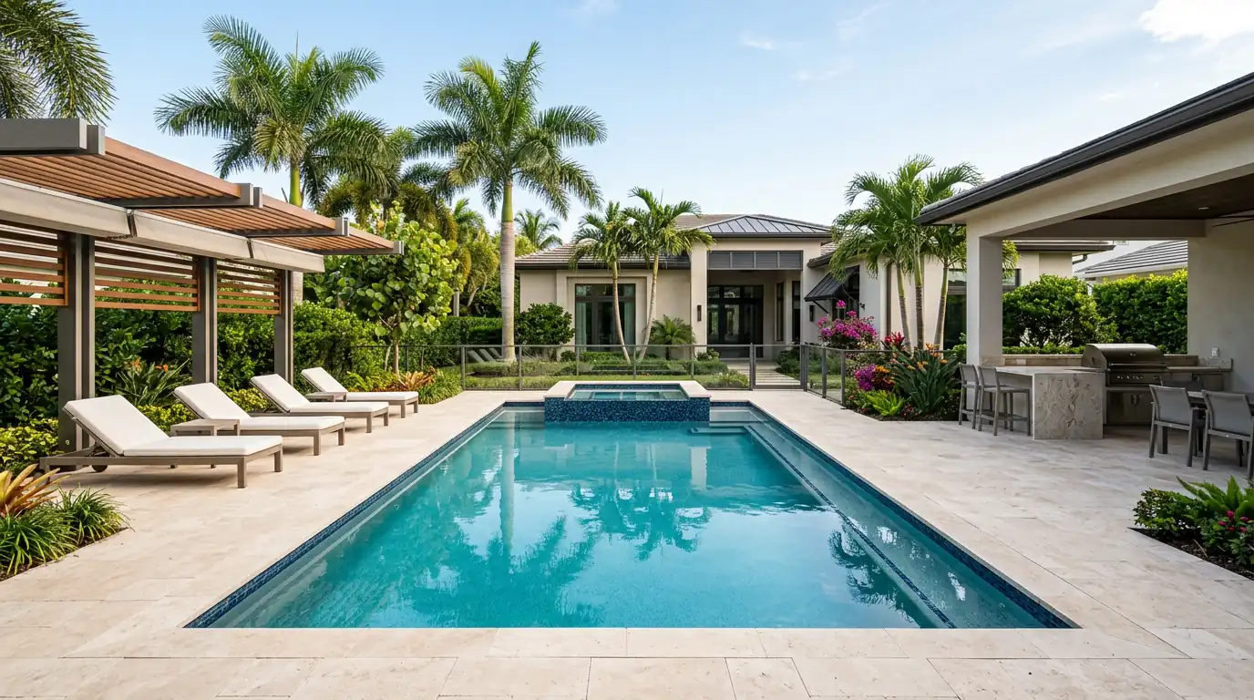 Illustrative custom pool design concept with tanning ledge and integrated spa