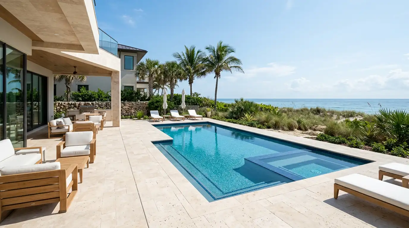 Illustrative coastal backyard design concept with pool, spa, and outdoor living space