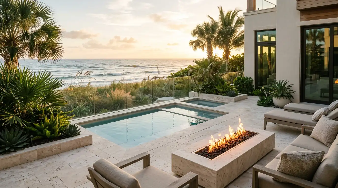 Illustrative modern geometric swimming pool with tanning ledge and raised spa
