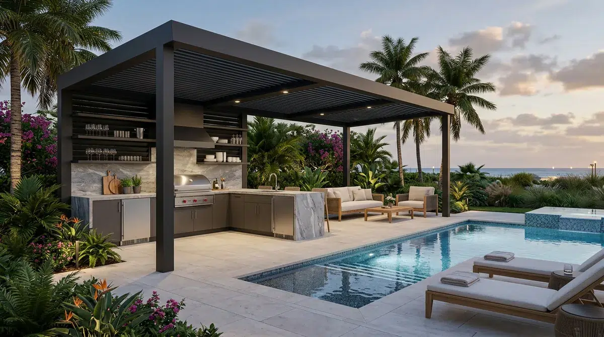 Illustrative coastal backyard design concept with pool, spa, and outdoor living space