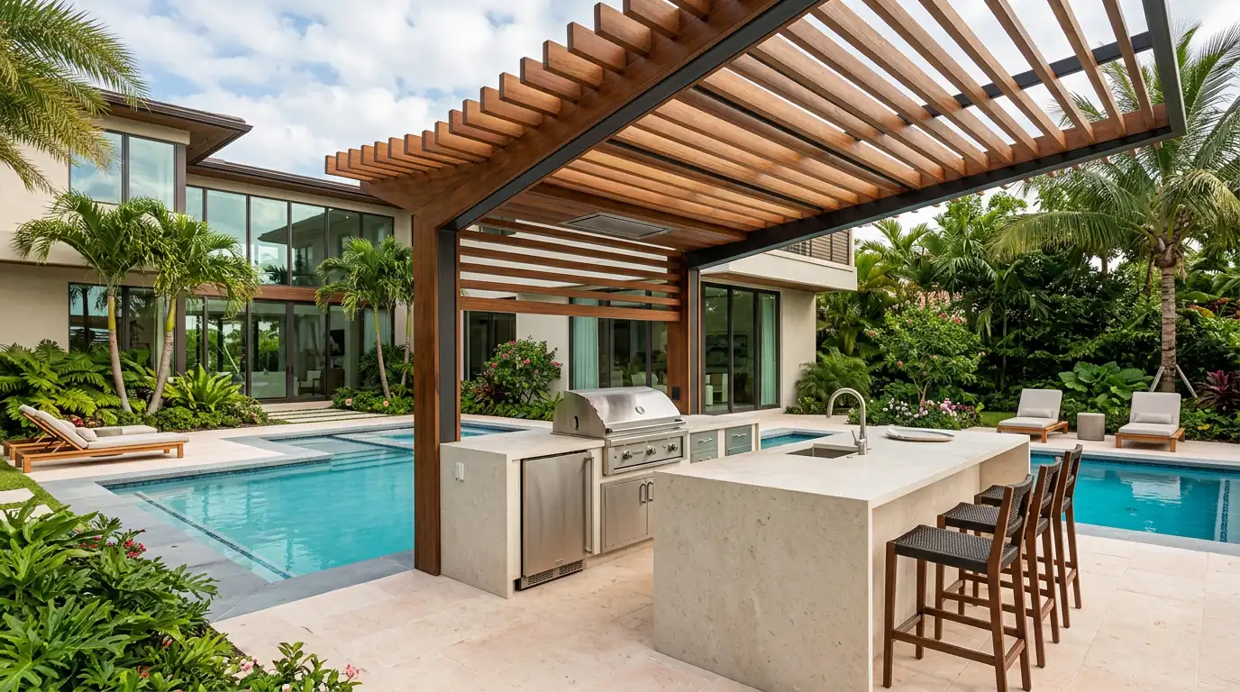 Illustrative design concept of a poolside outdoor kitchen with bar seating beneath a pergola