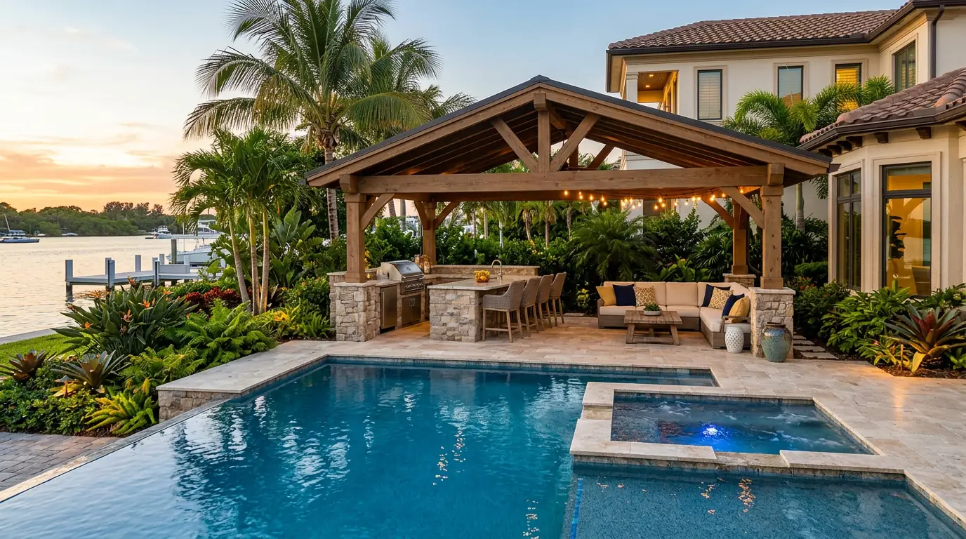 Illustrative poolside outdoor kitchen with bar seating beneath a pergola