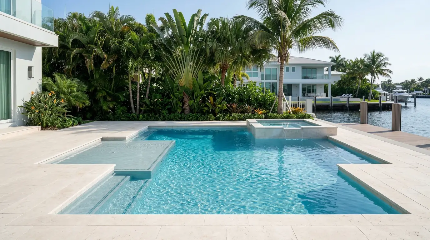 Illustrative modern geometric swimming pool with tanning ledge and raised spa