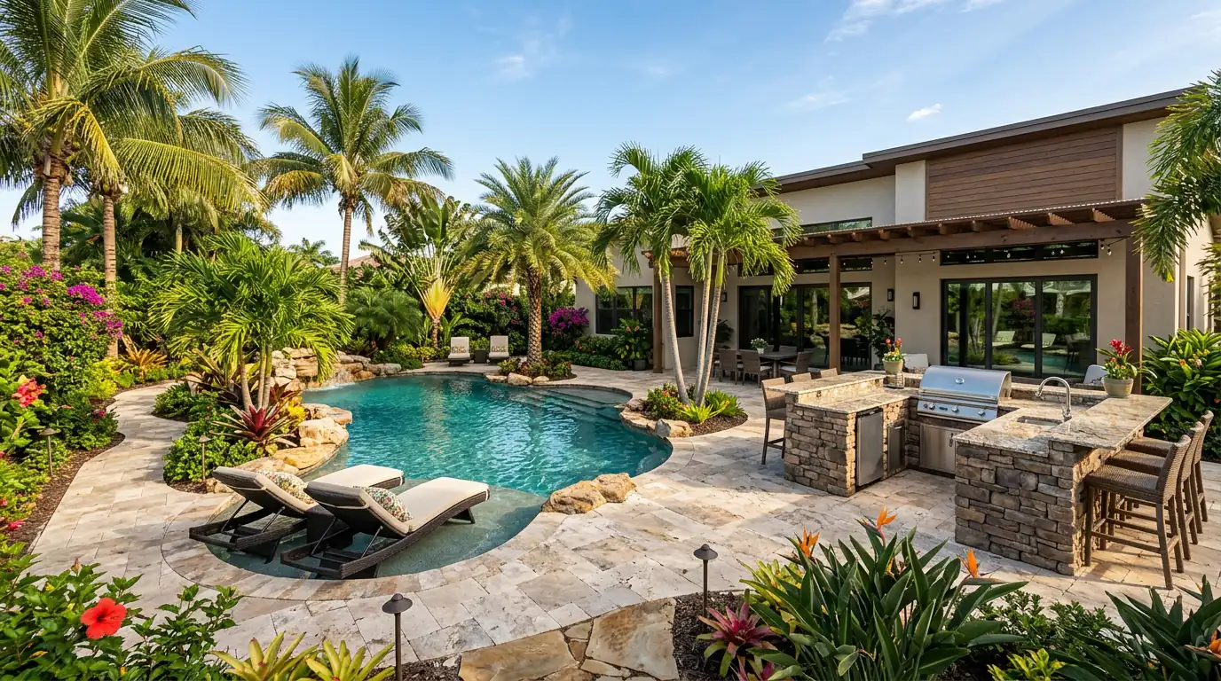 Illustrative poolside outdoor kitchen with bar seating beneath a pergola