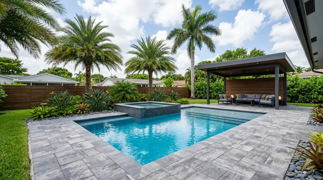 Illustrative modern geometric swimming pool with tanning ledge and raised spa