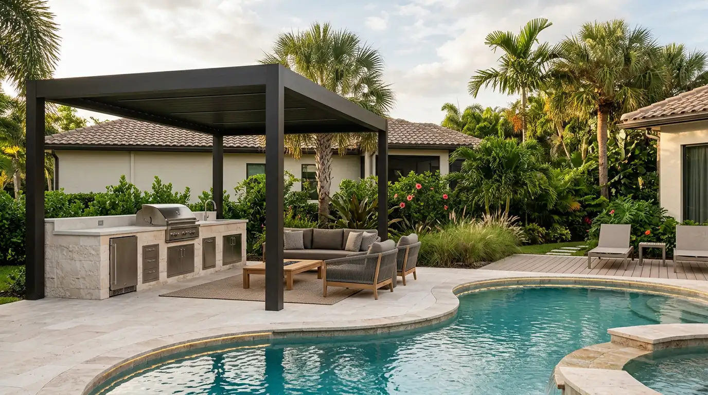 Illustrative outdoor kitchen and covered poolside living design concept