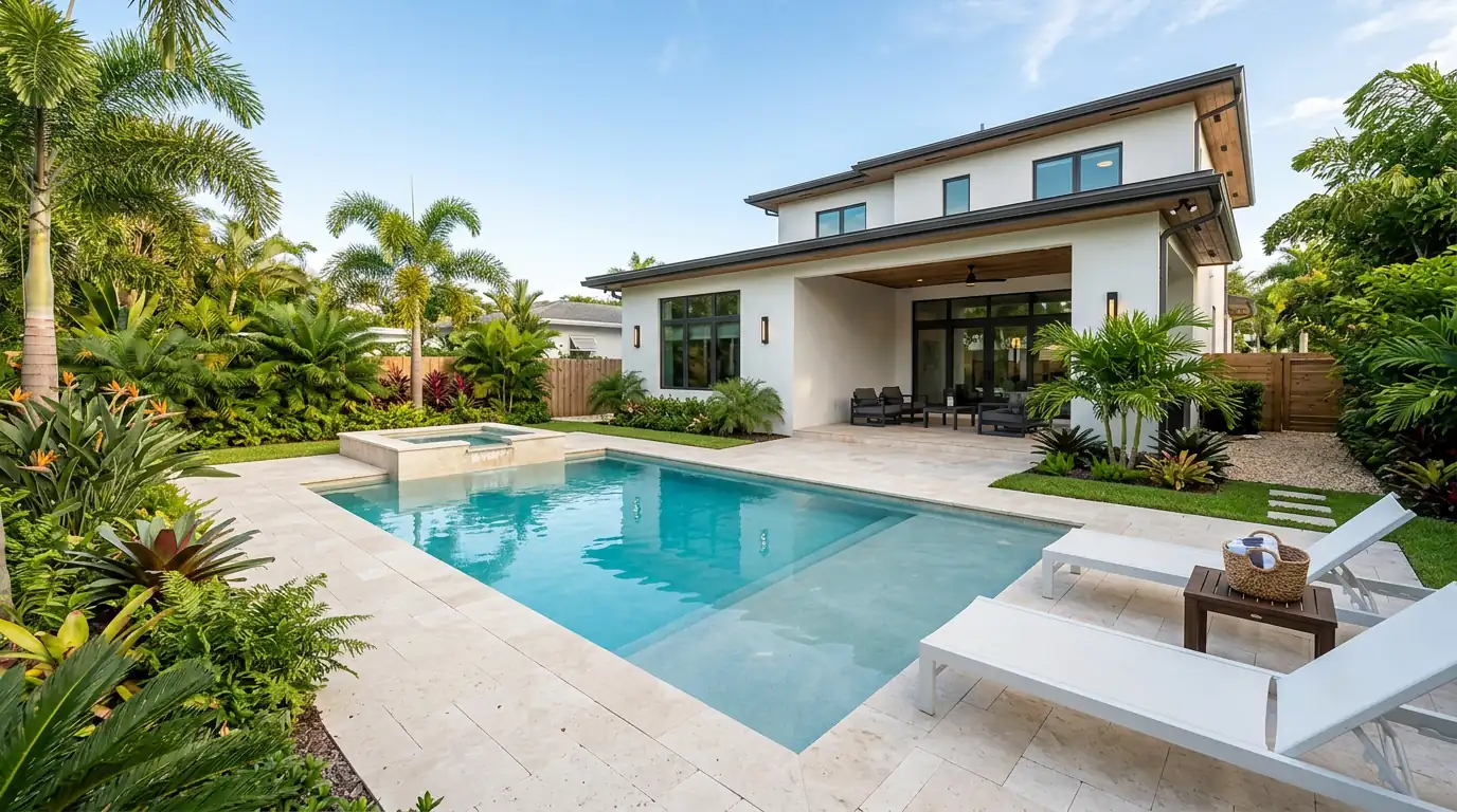 Illustrative custom swimming pool design concept with tanning ledge and landscaped setting