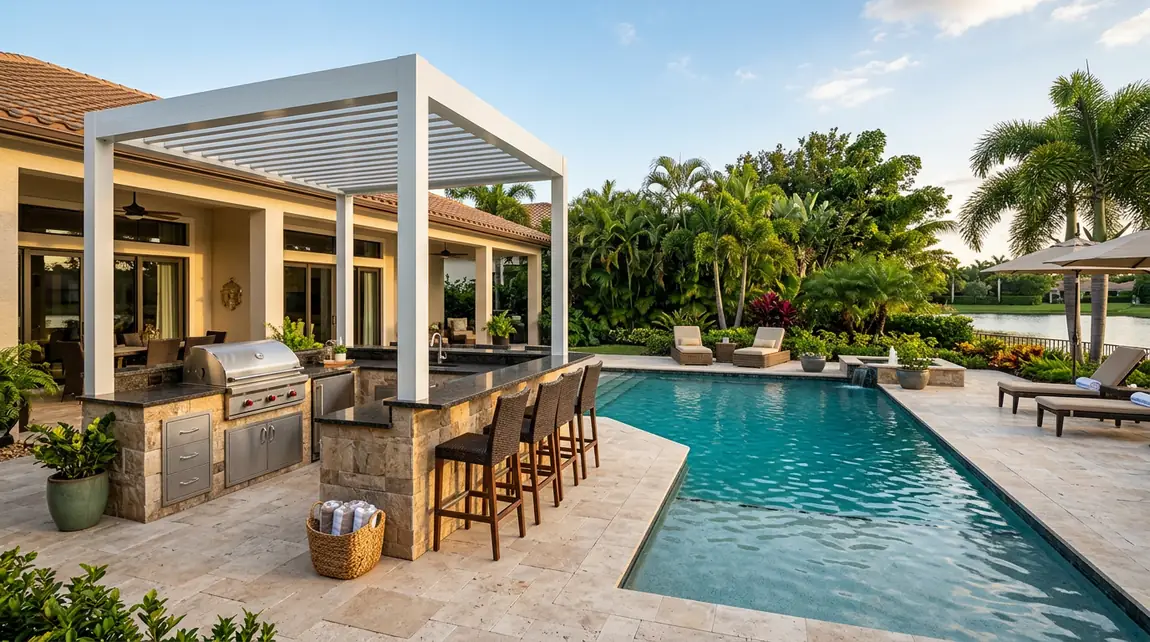 Illustrative poolside outdoor kitchen with bar seating beneath an aluminum pergola