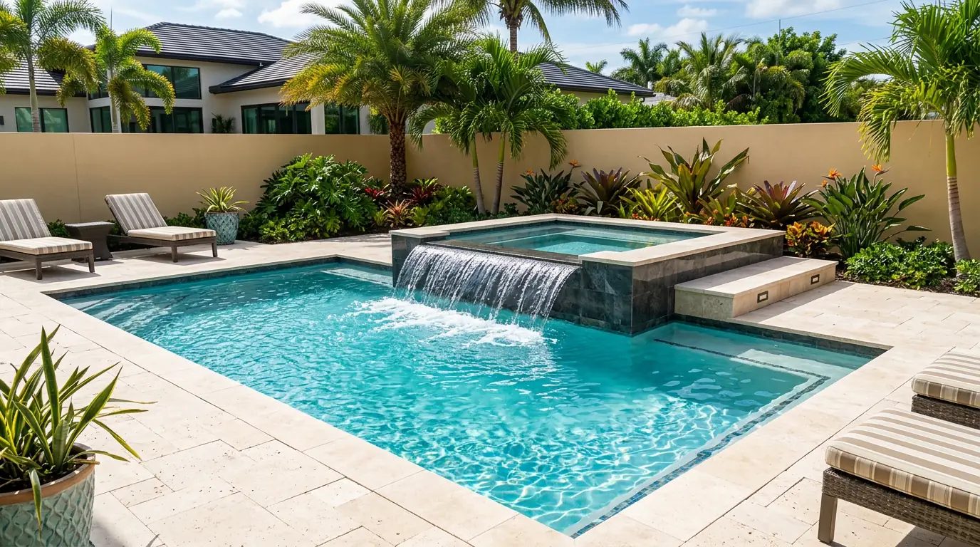 Illustrative custom pool with spillover spa and water feature design concept