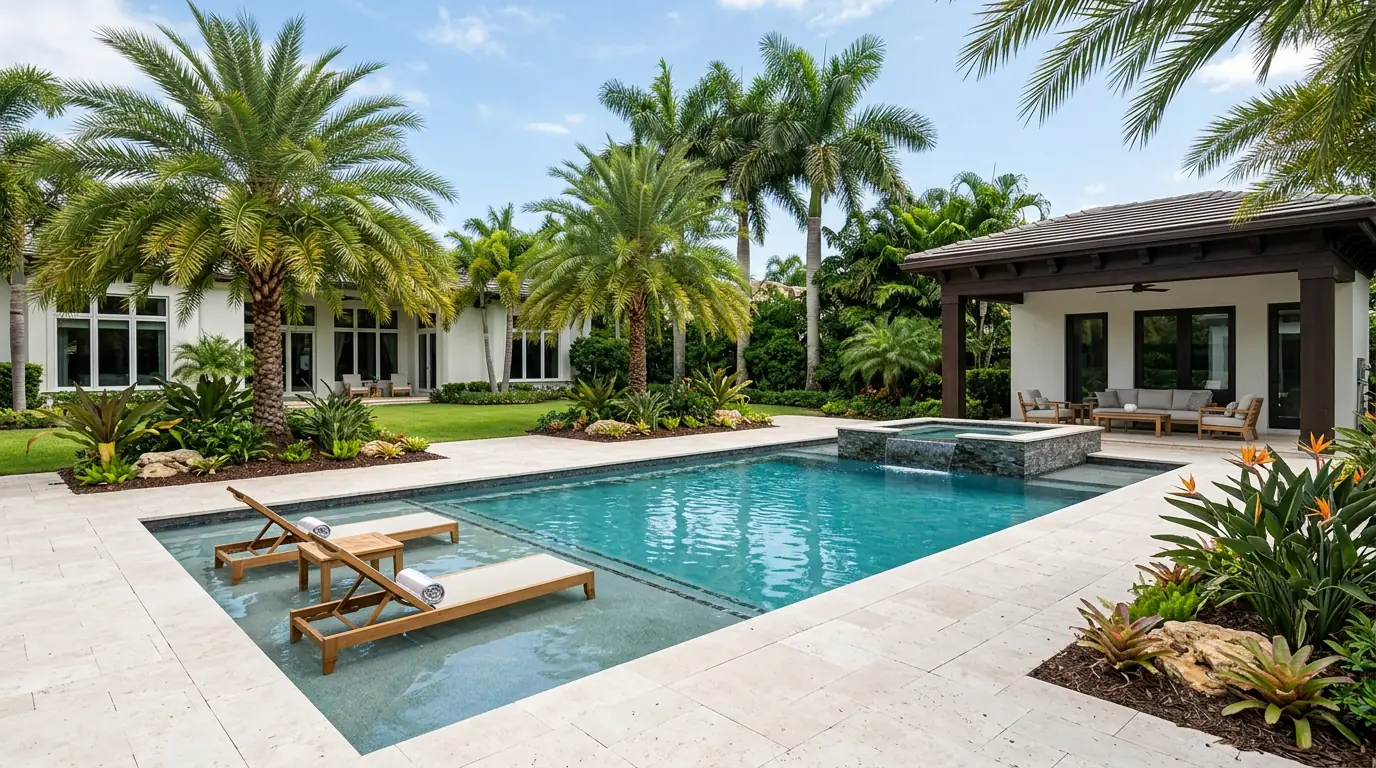 Illustrative custom swimming pool with tanning ledge and raised spa design concept