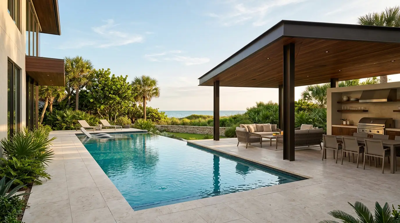 Illustrative coastal backyard design concept with pool, spa, and outdoor living space