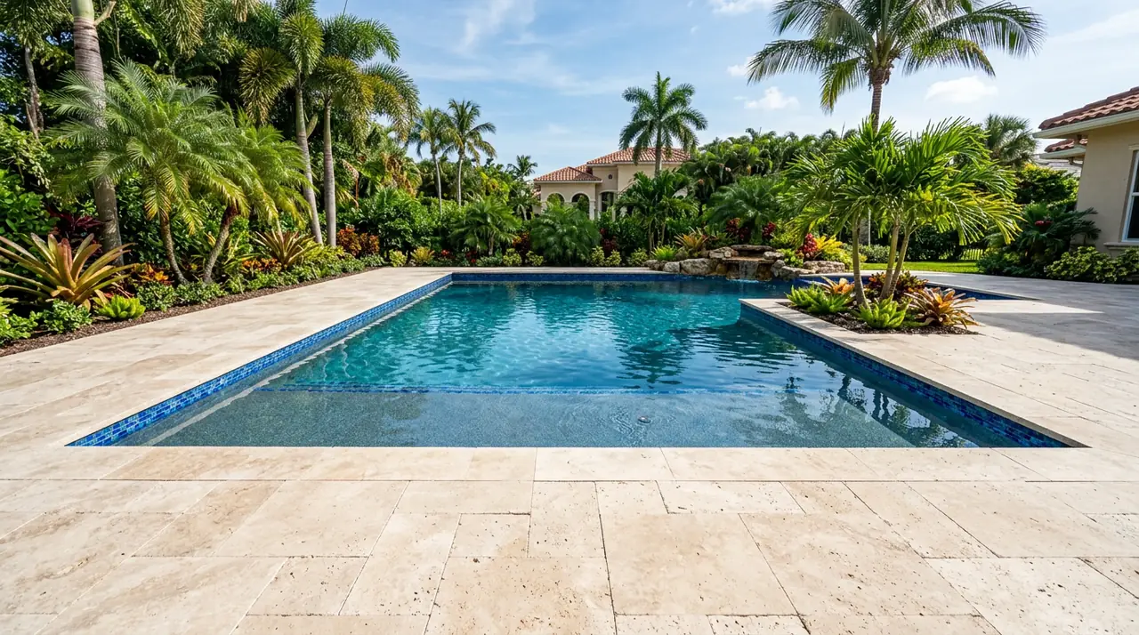 Illustrative Fort Lauderdale pool remodeling design with new waterline tile, resurfaced finish, and travertine deck