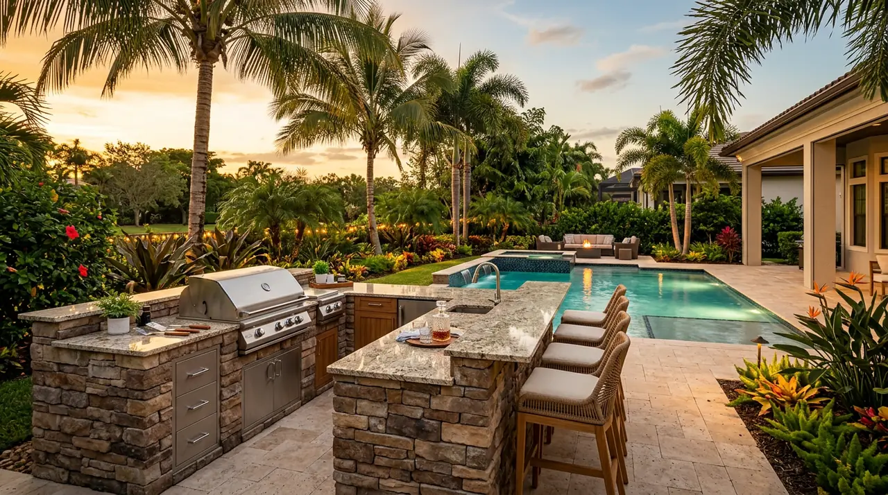 Illustrative custom outdoor kitchen and poolside entertaining area in Fort Lauderdale, FL