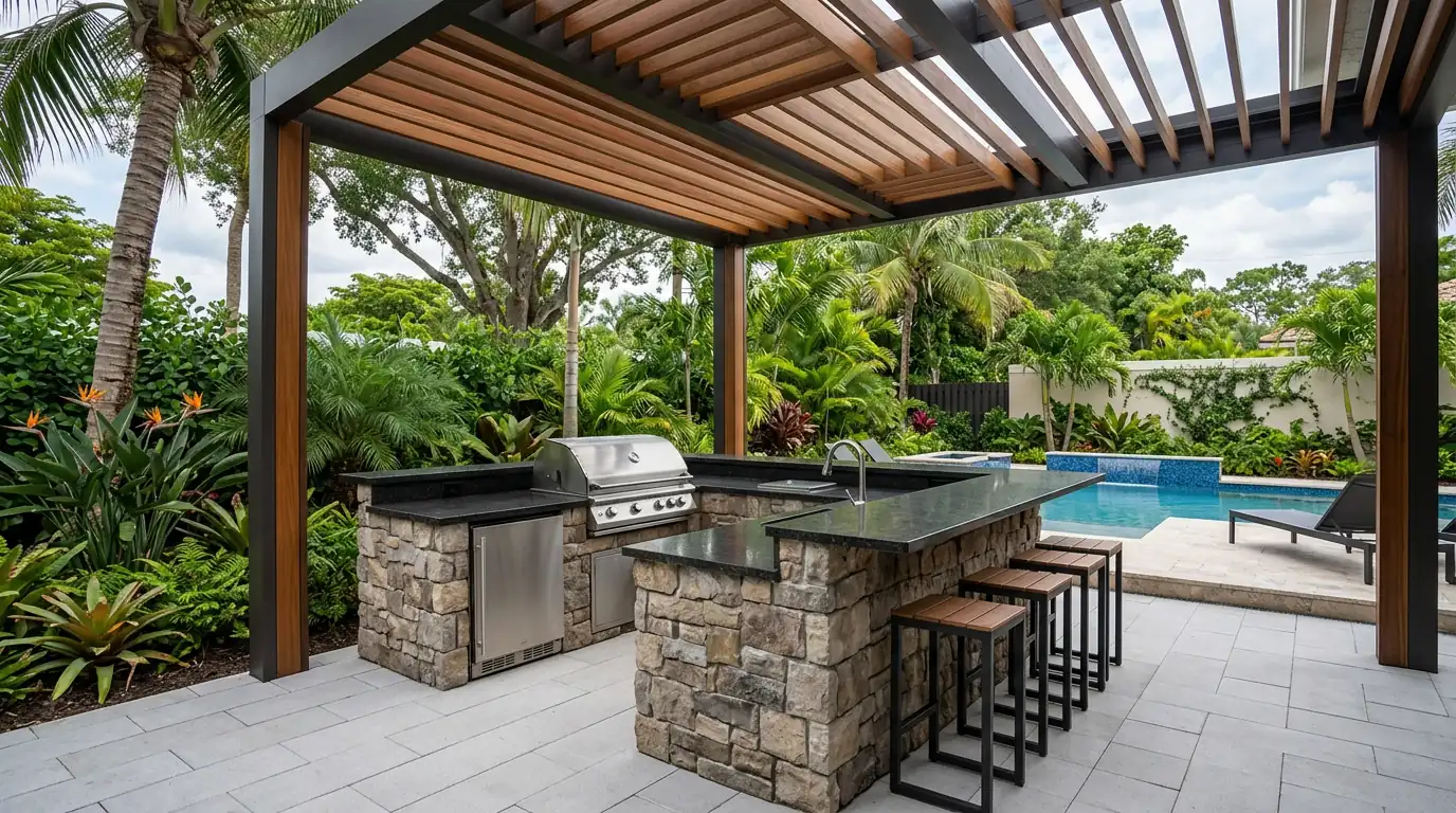 Illustrative poolside outdoor kitchen with bar seating beneath a pergola