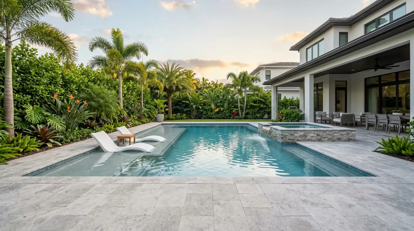 Illustrative custom swimming pool design concept with tanning ledge and raised spa